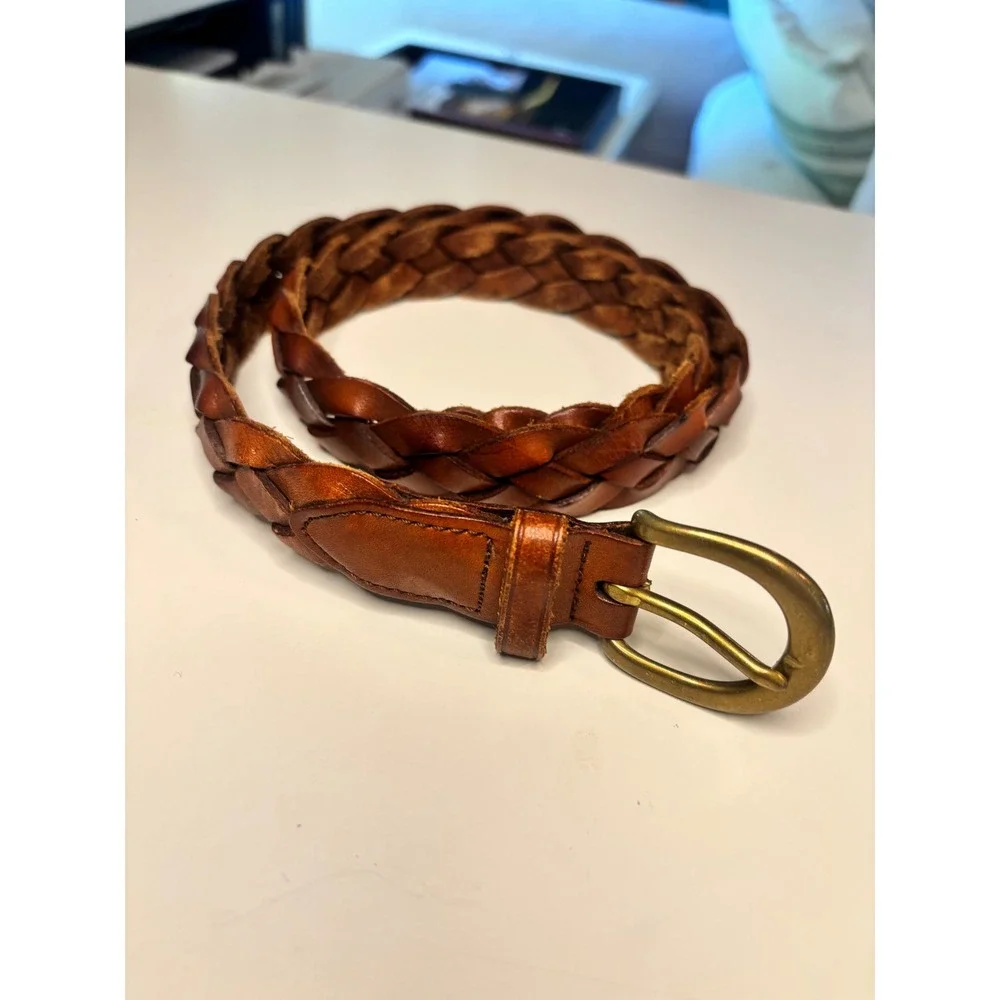 LL Bean Brown Braided Leather Belt Brass Buckle Vintage Style Womens 28 - Picture 3 of 4